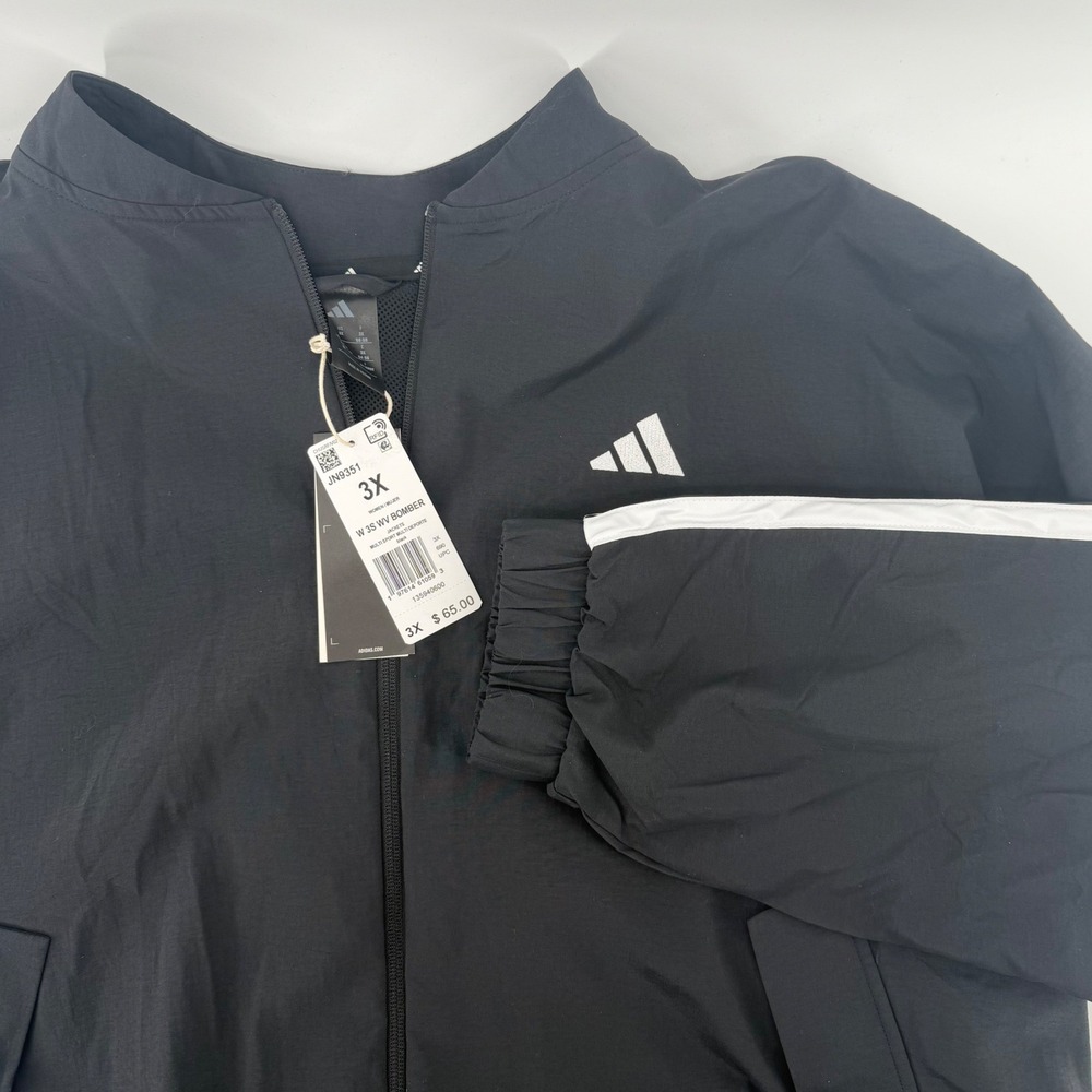 Adidas Women's 3X Black 3 Stripes Bomber Jacket Full Zip Lightweight Activewear